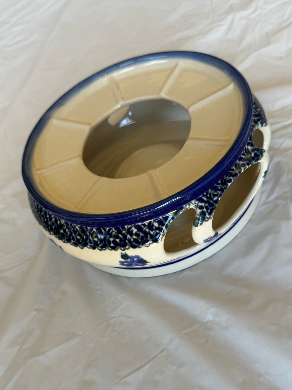 Vintage Polish Pottery Boleslawiec Blue Cream Ceramic 4” Heater Warmer